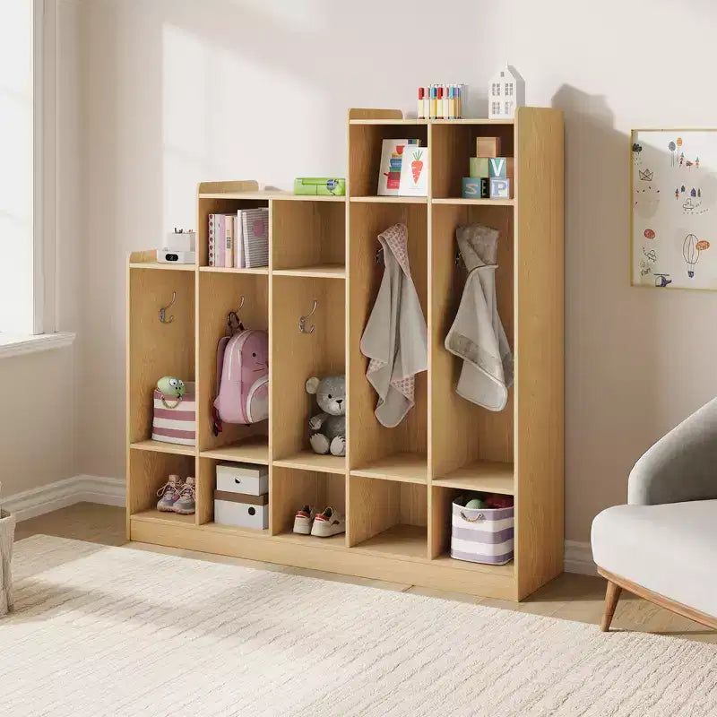 Armadietto appendiabiti in legno a 5 sezioni per bambini - 9 scomparti, 10 ganci - Organizzatore per asili nido, scuole dell'infanzia, casa, camerette, scuole
