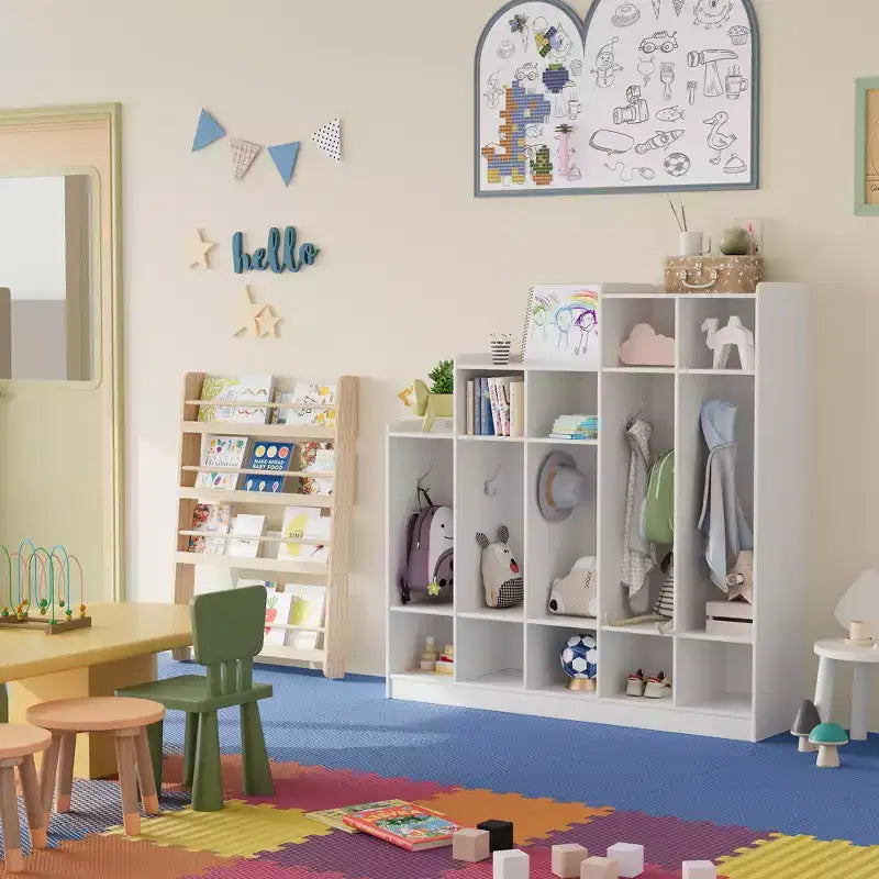 Armadietto appendiabiti in legno a 5 sezioni per bambini - 9 scomparti, 10 ganci - Organizzatore per asili nido, scuole dell'infanzia, casa, camerette, scuole