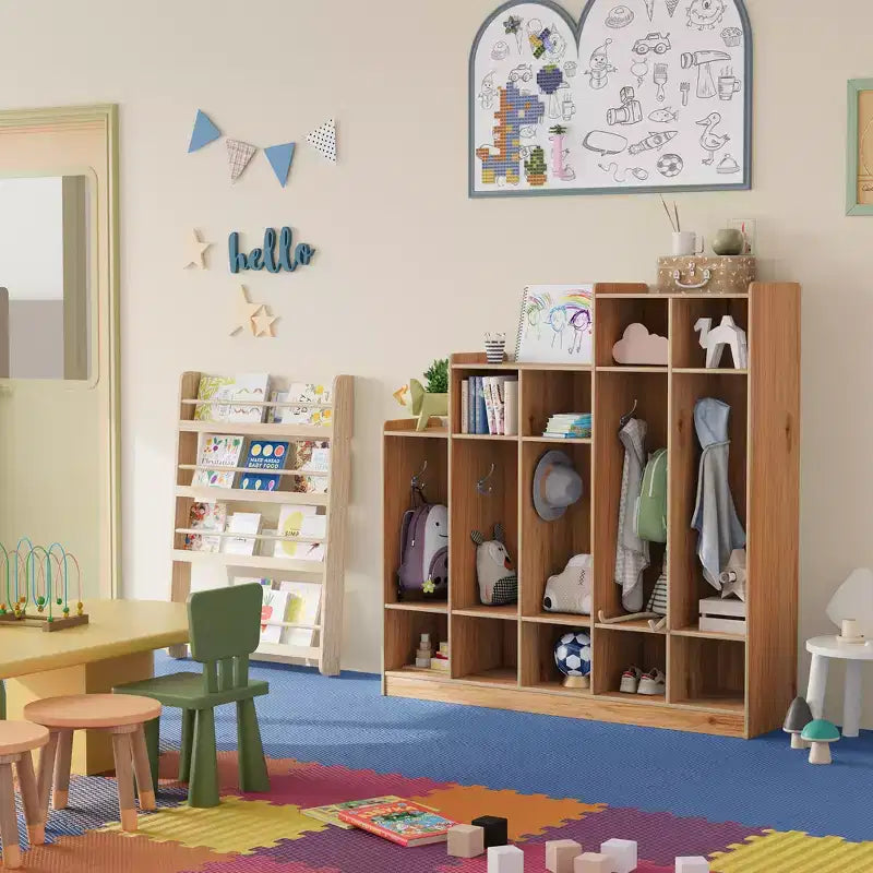 Armadietto appendiabiti in legno a 5 sezioni per bambini - 9 scomparti, 10 ganci - Organizzatore per asili nido, scuole dell'infanzia, casa, camerette, scuole