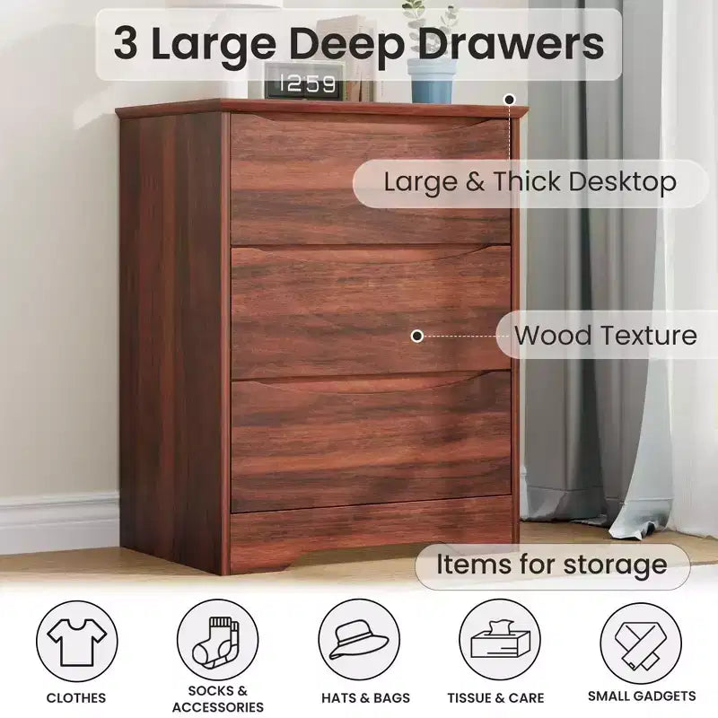 Cassettiera alta in legno con 3 cassetti, comò moderno, contenitore profondo, armadio grande con piano largo per camera da letto, soggiorno, corridoio, camera dei bambini