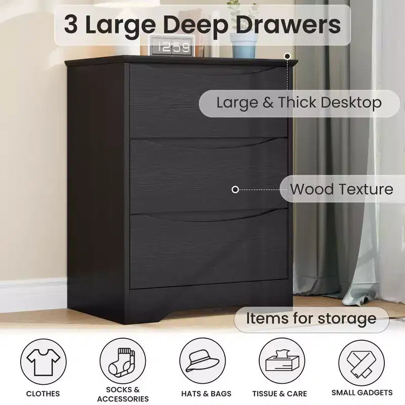 Cassettiera alta in legno con 3 cassetti, comò moderno, contenitore profondo, armadio grande con piano largo per camera da letto, soggiorno, corridoio, camera dei bambini