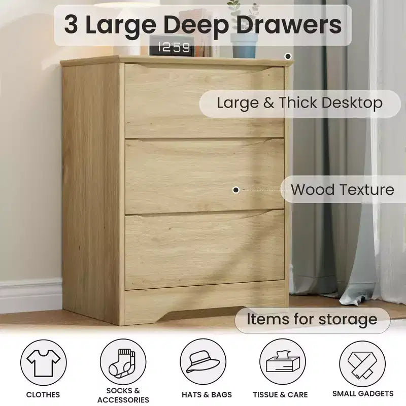 Cassettiera alta in legno con 3 cassetti, comò moderno, contenitore profondo, armadio grande con piano largo per camera da letto, soggiorno, corridoio, camera dei bambini