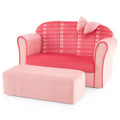 Costway Kids Double Sofa Velvet Upholstered Sofa Couch w/Footstool & Armrests Pink