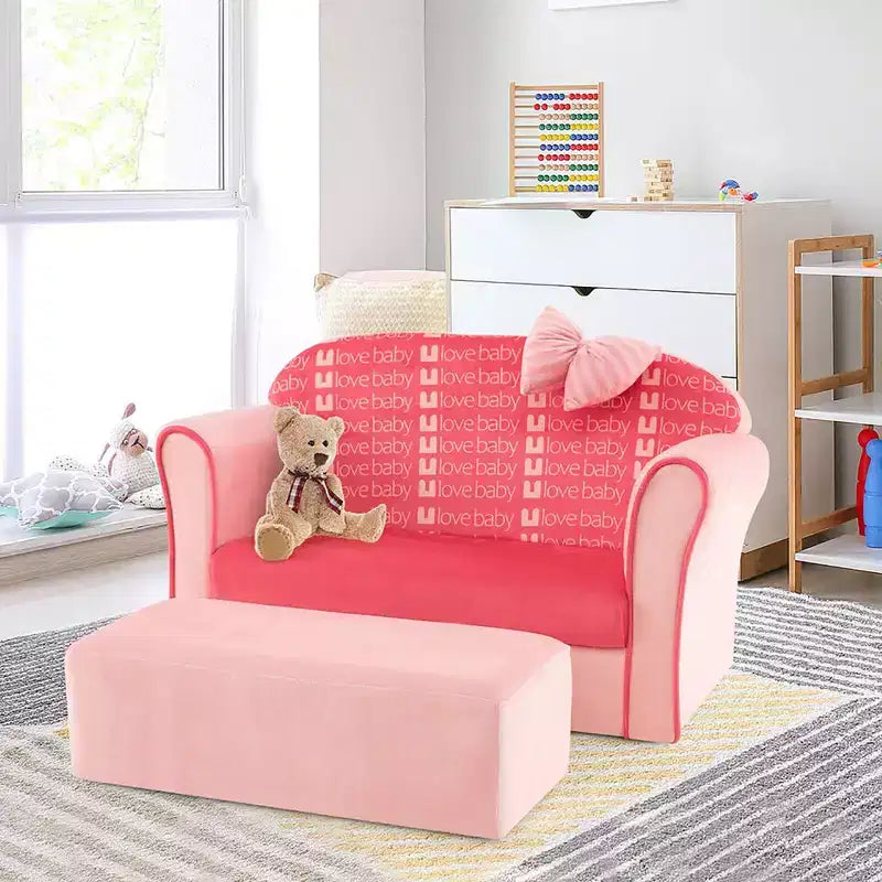 Costway Divanetto Doppio per Bambini in Velluto con Poggiapiedi e Braccioli Rosa