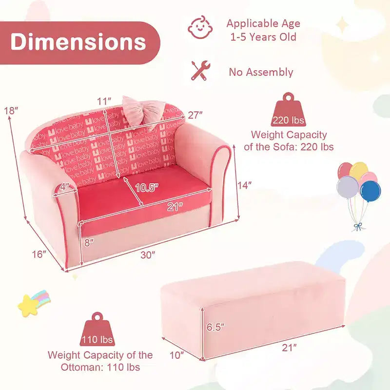 Costway Divanetto Doppio per Bambini in Velluto con Poggiapiedi e Braccioli Rosa