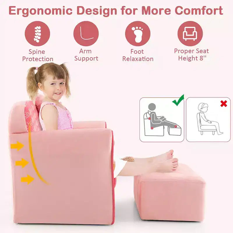 Costway Divanetto Doppio per Bambini in Velluto con Poggiapiedi e Braccioli Rosa
