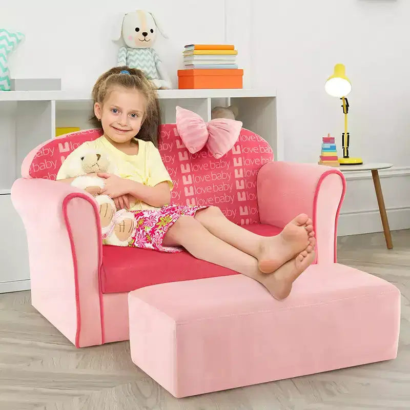 Costway Divanetto Doppio per Bambini in Velluto con Poggiapiedi e Braccioli Rosa