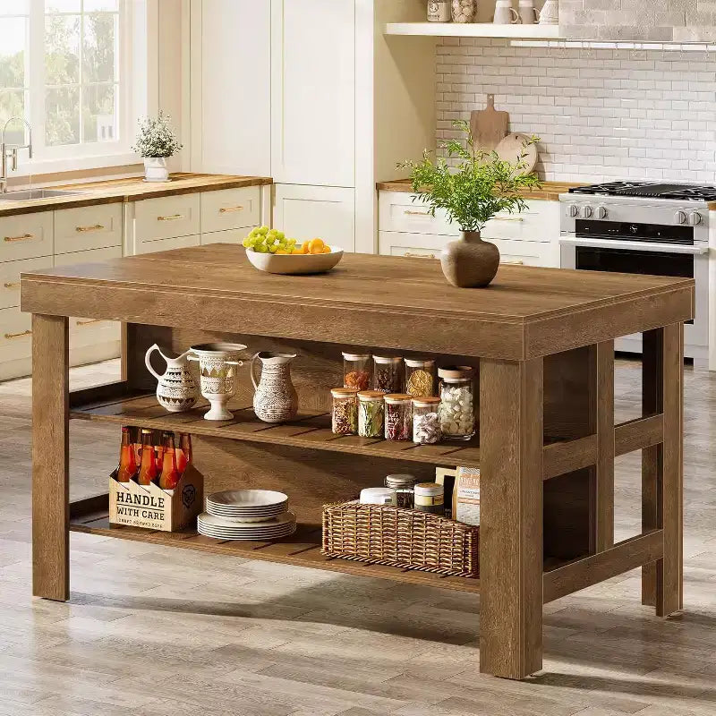 Isola Cucina Lantine con Contenitore e Posti a Sedere, Grande Tavolo Stazionario in Legno in Stile Rustico per Cucina Sala da Pranzo (Tutto Marrone)
