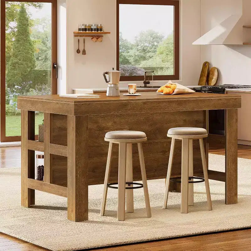 Isola Cucina Lantine con Contenitore e Posti a Sedere, Grande Tavolo Stazionario in Legno in Stile Rustico per Cucina Sala da Pranzo (Tutto Marrone)