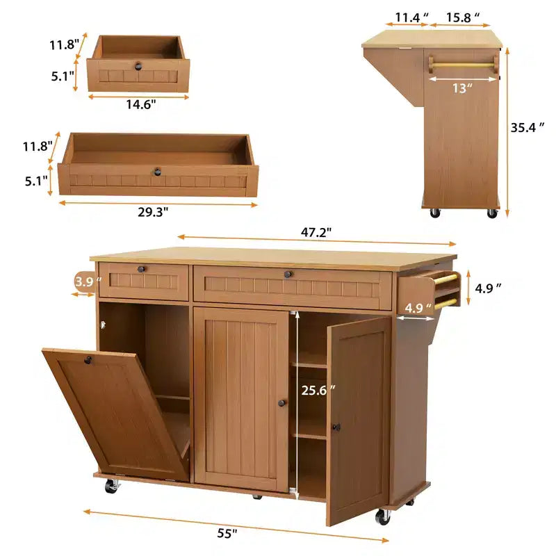 Isola Cucina con Piano a Ribalta Pieghevole, Tavolo da Cucina su Ruote da 140 cm con Porta Asciugamani, Porta Spezie, Porta Coltelli e Cestino da 38 Litri