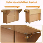 Isola Cucina con Piano a Ribalta Pieghevole, Tavolo da Cucina su Ruote da 140 cm con Porta Asciugamani, Porta Spezie, Porta Coltelli e Cestino da 38 Litri