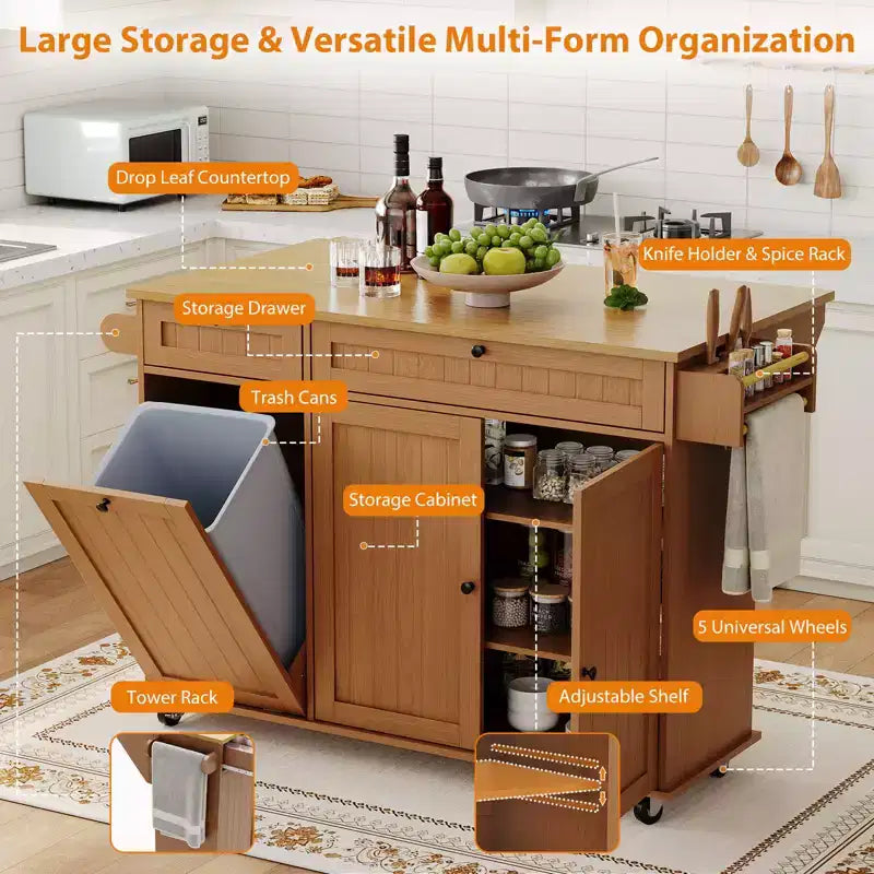 Isola Cucina con Piano a Ribalta Pieghevole, Tavolo da Cucina su Ruote da 140 cm con Porta Asciugamani, Porta Spezie, Porta Coltelli e Cestino da 38 Litri