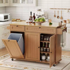 Isola Cucina con Piano a Ribalta Pieghevole, Tavolo da Cucina su Ruote da 140 cm con Porta Asciugamani, Porta Spezie, Porta Coltelli e Cestino da 38 Litri