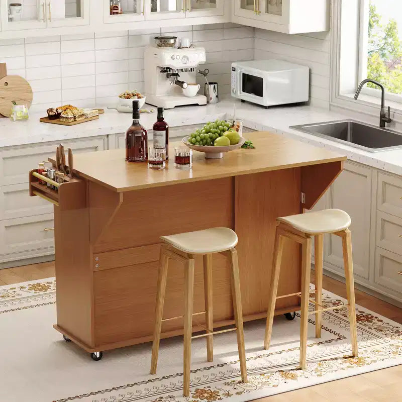 Isola Cucina con Piano a Ribalta Pieghevole, Tavolo da Cucina su Ruote da 140 cm con Porta Asciugamani, Porta Spezie, Porta Coltelli e Cestino da 38 Litri