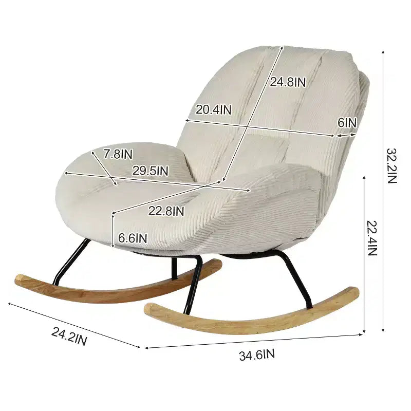Homy Casa Sedia a dondolo in velluto a coste, sedia a dondolo rivestita in tessuto, beige