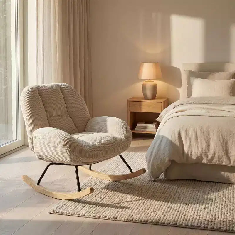 Homy Casa Sedia a dondolo in velluto a coste, sedia a dondolo rivestita in tessuto, beige