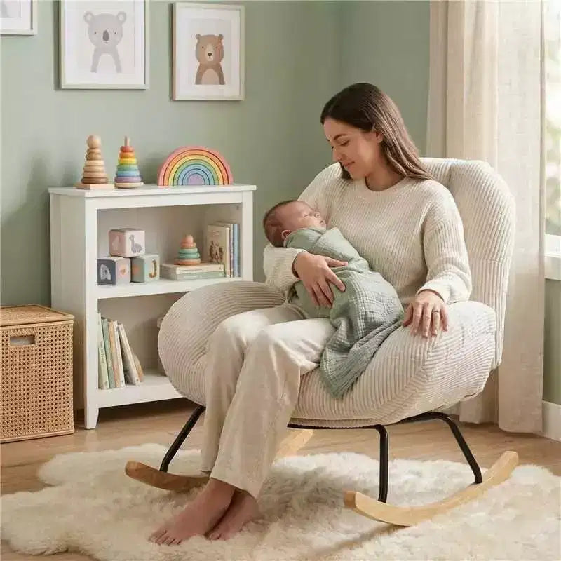Homy Casa Sedia a dondolo in velluto a coste, sedia a dondolo rivestita in tessuto, beige