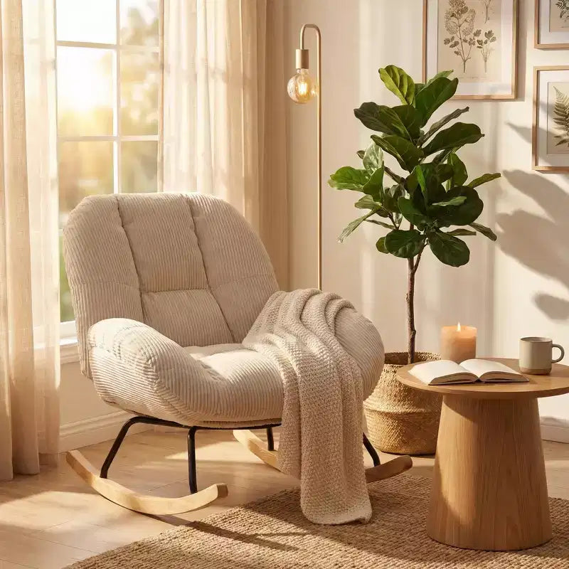 Homy Casa Sedia a dondolo in velluto a coste, sedia a dondolo rivestita in tessuto, beige
