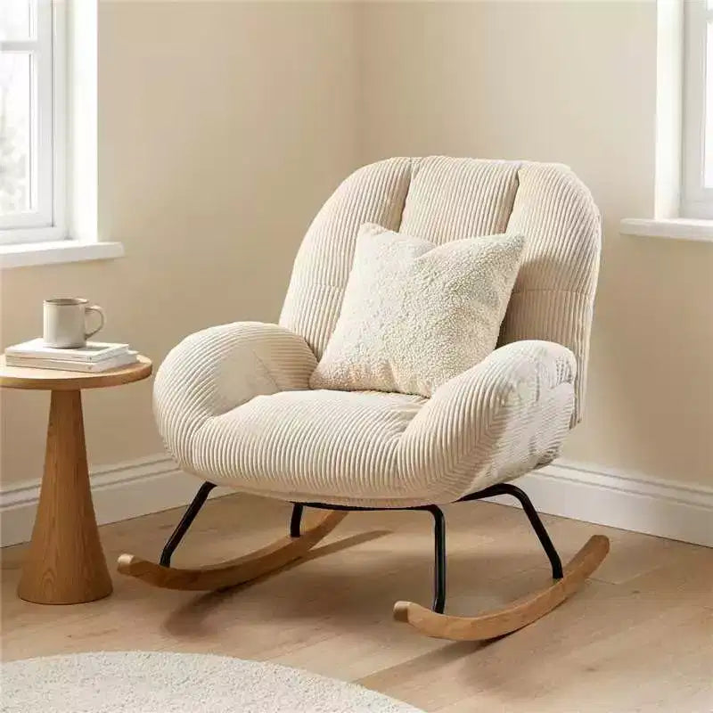 Homy Casa Sedia a dondolo in velluto a coste, sedia a dondolo rivestita in tessuto, beige