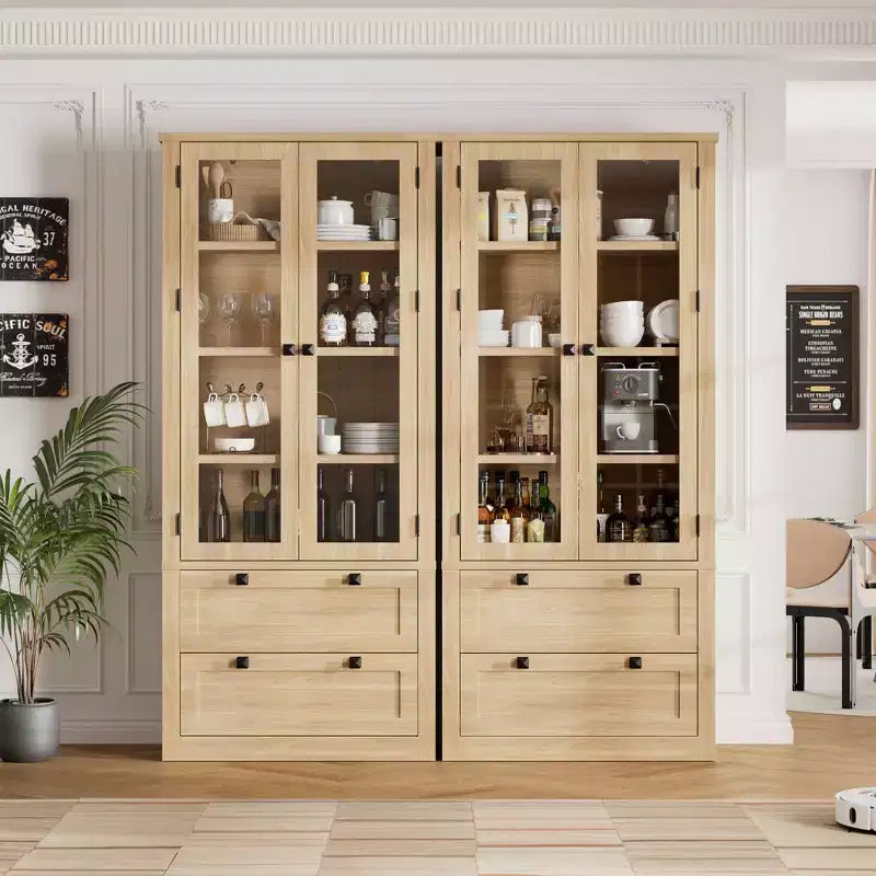 Armadietto da dispensa alto 72 pollici con 2 cassetti, mobile da cucina in stile rustico con ante in vetro e ripiani regolabili, per sala da pranzo