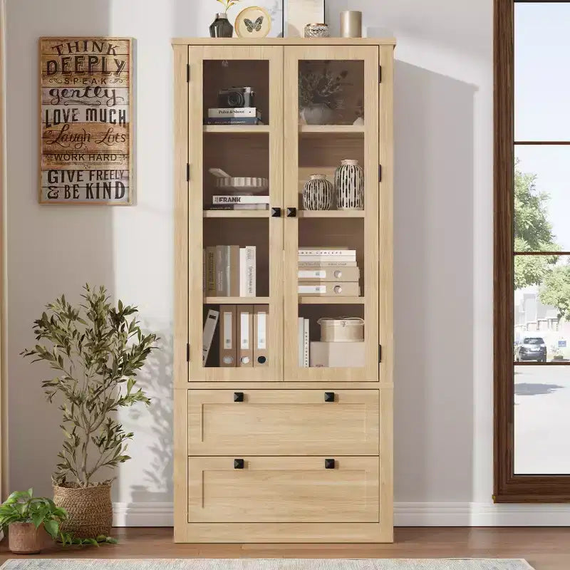Armadietto da dispensa alto 72 pollici con 2 cassetti, mobile da cucina in stile rustico con ante in vetro e ripiani regolabili, per sala da pranzo