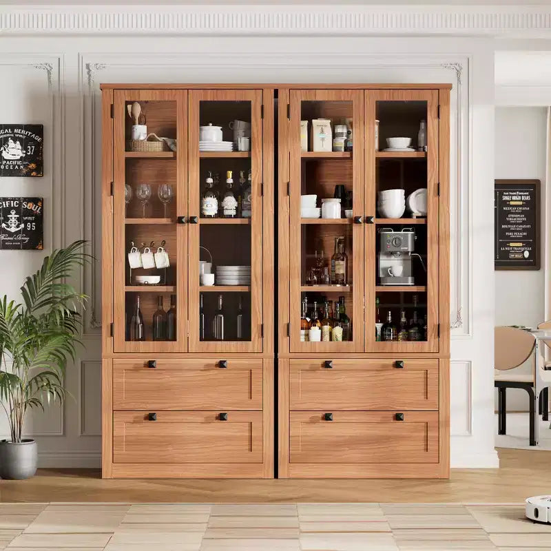 Armadietto da dispensa alto 72 pollici con 2 cassetti, mobile da cucina in stile rustico con ante in vetro e ripiani regolabili, per sala da pranzo