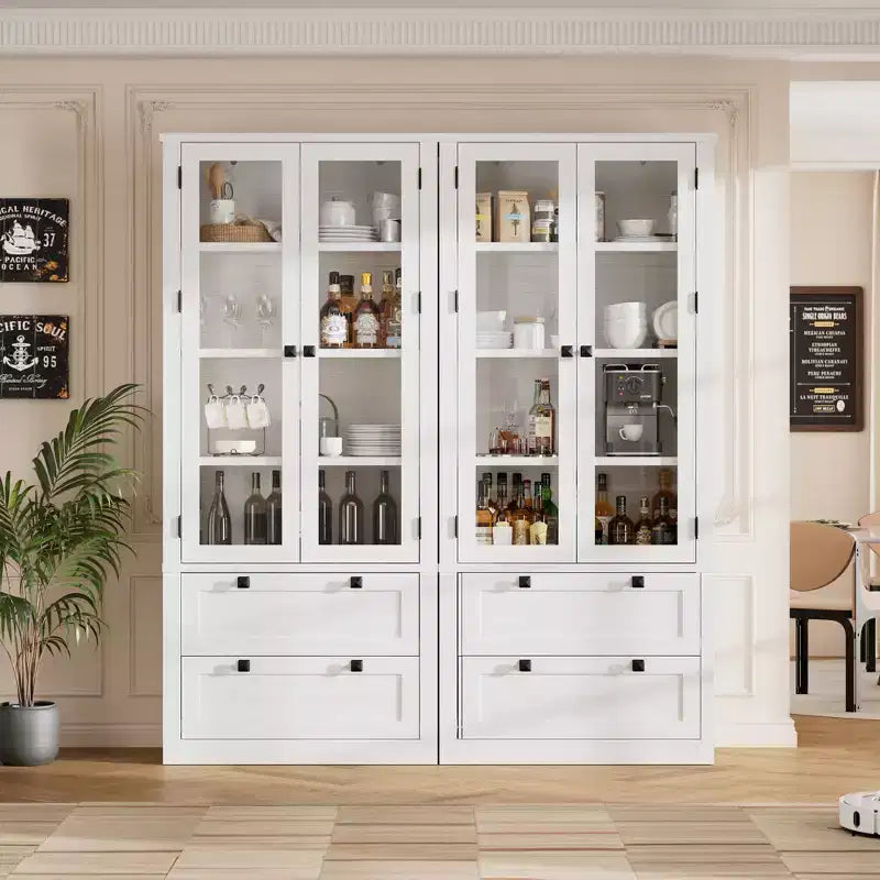 Armadietto da dispensa alto 72 pollici con 2 cassetti, mobile da cucina in stile rustico con ante in vetro e ripiani regolabili, per sala da pranzo