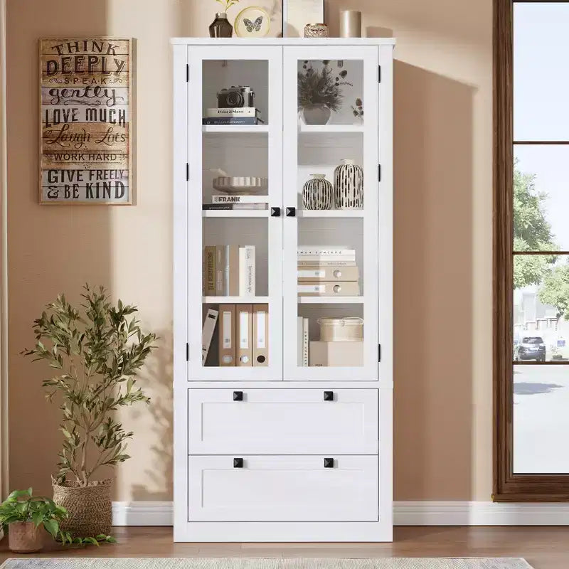 Armadietto da dispensa alto 72 pollici con 2 cassetti, mobile da cucina in stile rustico con ante in vetro e ripiani regolabili, per sala da pranzo