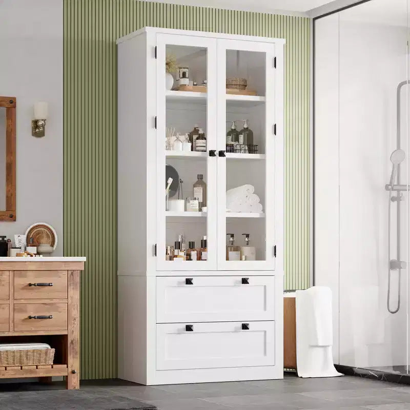 Armadietto da dispensa alto 72 pollici con 2 cassetti, mobile da cucina in stile rustico con ante in vetro e ripiani regolabili, per sala da pranzo