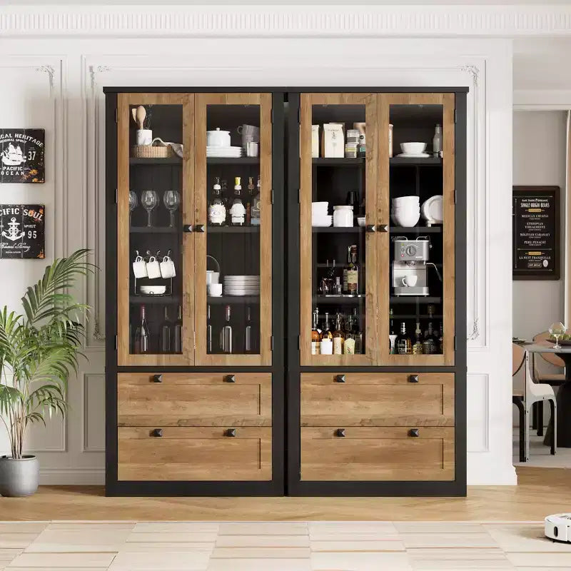 Armadietto da dispensa alto 72 pollici con 2 cassetti, mobile da cucina in stile rustico con ante in vetro e ripiani regolabili, per sala da pranzo