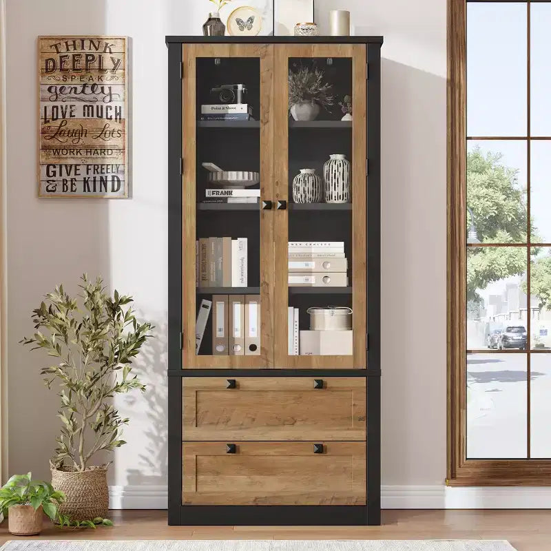 Armadietto da dispensa alto 72 pollici con 2 cassetti, mobile da cucina in stile rustico con ante in vetro e ripiani regolabili, per sala da pranzo