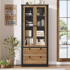 Armadietto da dispensa alto 72 pollici con 2 cassetti, mobile da cucina in stile rustico con ante in vetro e ripiani regolabili, per sala da pranzo