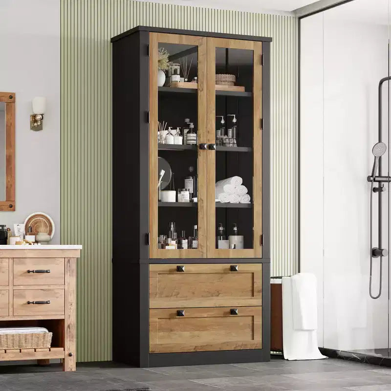 Armadietto da dispensa alto 72 pollici con 2 cassetti, mobile da cucina in stile rustico con ante in vetro e ripiani regolabili, per sala da pranzo