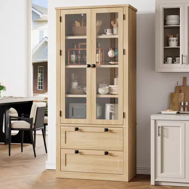 Armadietto da dispensa alto 72 pollici con 2 cassetti, mobile da cucina in stile rustico con ante in vetro e ripiani regolabili, per sala da pranzo