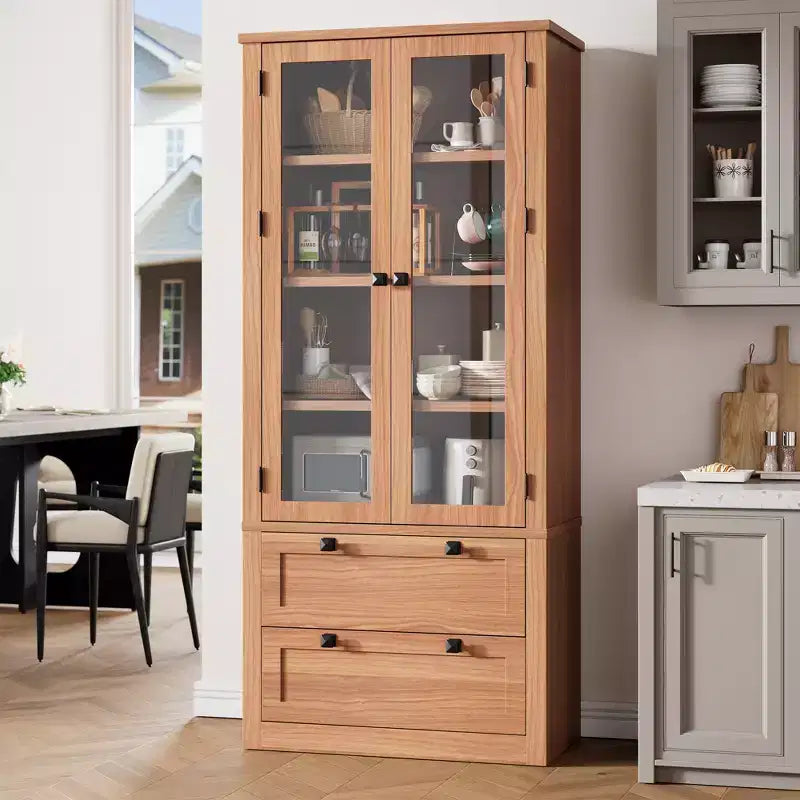 Armadietto da dispensa alto 72 pollici con 2 cassetti, mobile da cucina in stile rustico con ante in vetro e ripiani regolabili, per sala da pranzo