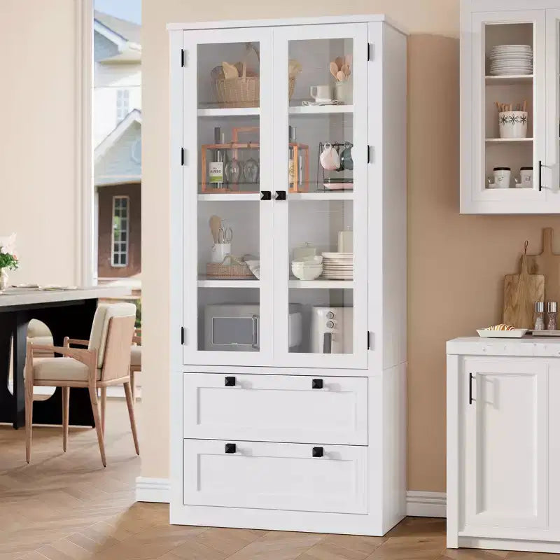 Armadietto da dispensa alto 72 pollici con 2 cassetti, mobile da cucina in stile rustico con ante in vetro e ripiani regolabili, per sala da pranzo