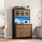 Dispensa Moderna Alta 66" con Vetrina, Mobile Bar per Caffè con Stazione di Ricarica Integrata, Ampio Contenitore con Ante in Vetro e Cassetti
