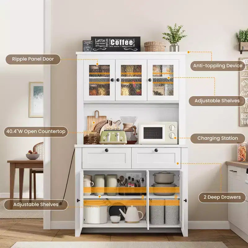 Dispensa Moderna Alta 66" con Vetrina, Mobile Bar per Caffè con Stazione di Ricarica Integrata, Ampio Contenitore con Ante in Vetro e Cassetti