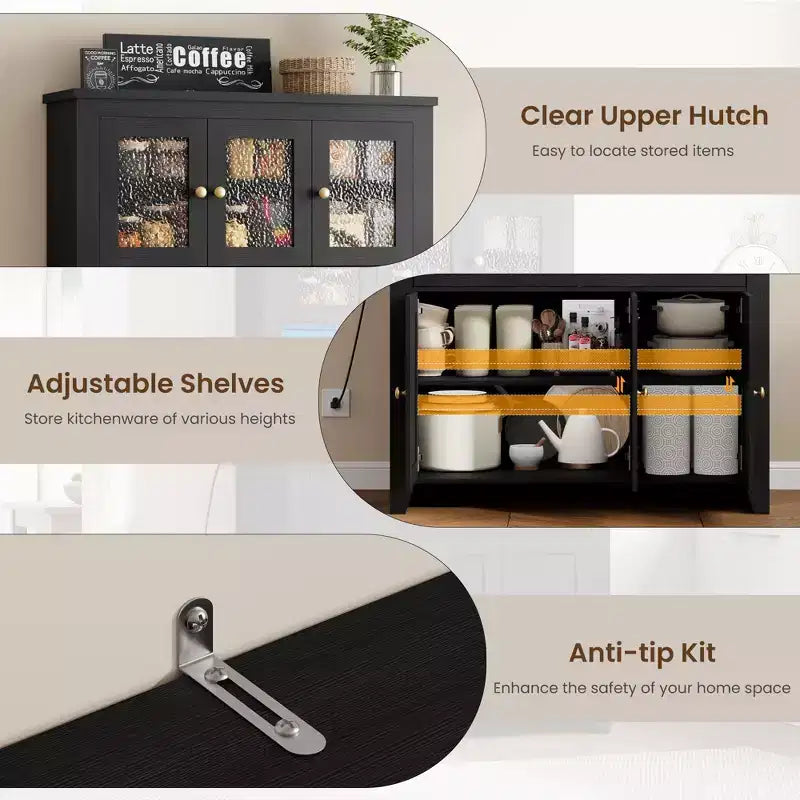 Dispensa Moderna Alta 66" con Vetrina, Mobile Bar per Caffè con Stazione di Ricarica Integrata, Ampio Contenitore con Ante in Vetro e Cassetti