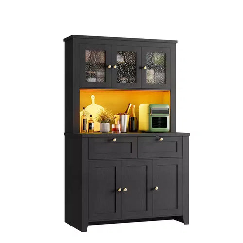 66 Tall Modern Kitchen Pantry Cabinet & Hutch, Built-In Charging Station Coffee Bar Cabinet, Spacious Storage with Glass Doors & Drawers