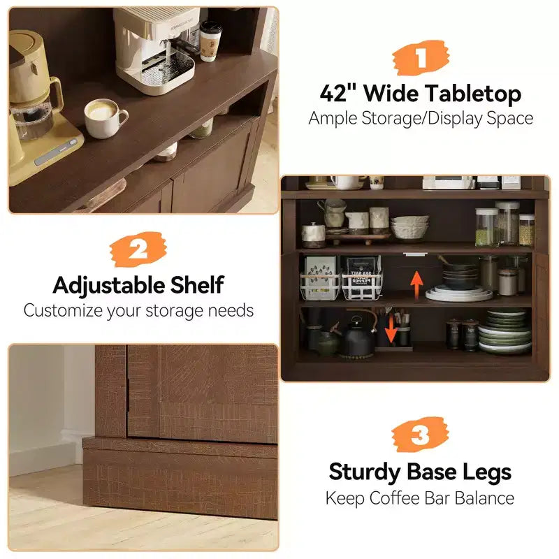 COZONY 72 Mobile Caffè con Credenza, Mobile Buffet in Stile Rustico con Supporto per Microonde, Portabottiglie e Ripiani di Stoccaggio