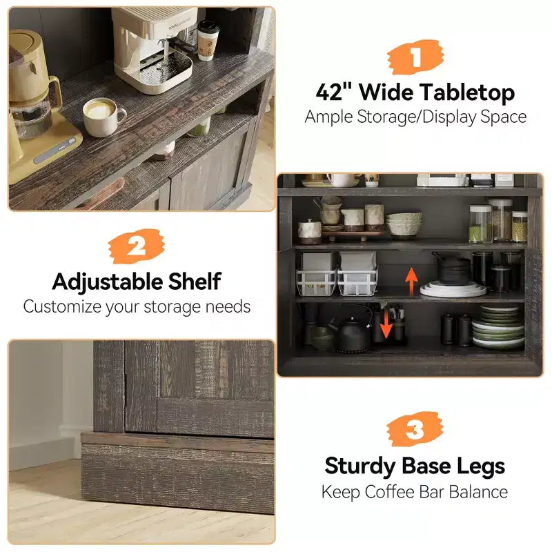 COZONY 72 Mobile Caffè con Credenza, Mobile Buffet in Stile Rustico con Supporto per Microonde, Portabottiglie e Ripiani di Stoccaggio