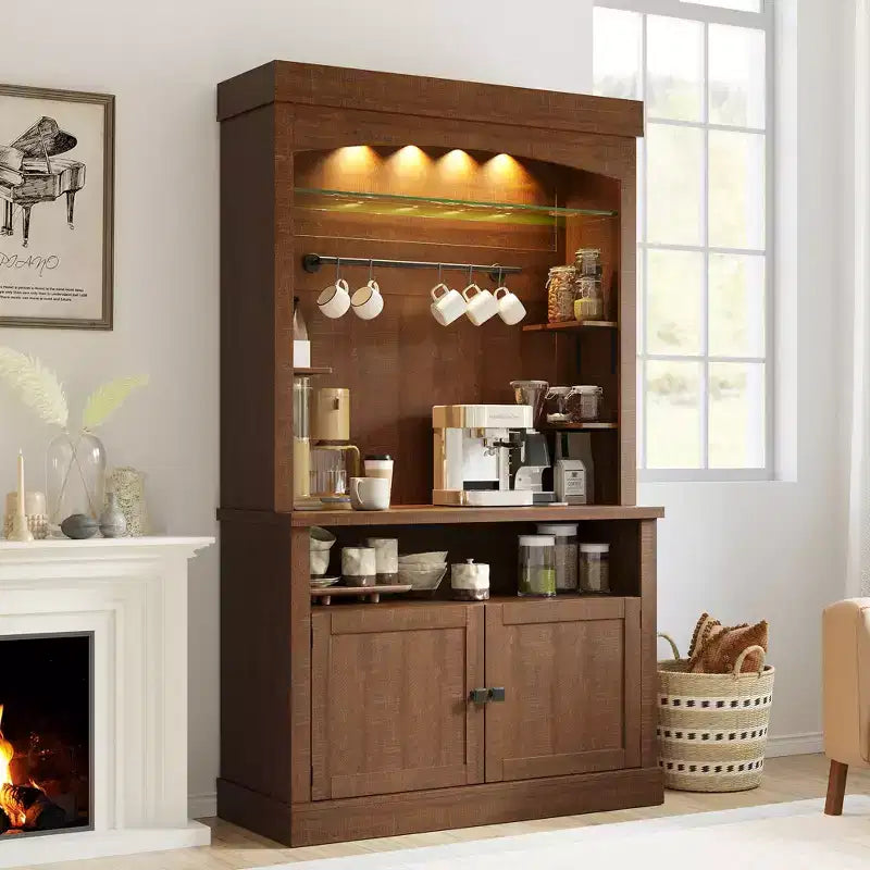 COZONY 72 Mobile Caffè con Credenza, Mobile Buffet in Stile Rustico con Supporto per Microonde, Portabottiglie e Ripiani di Stoccaggio