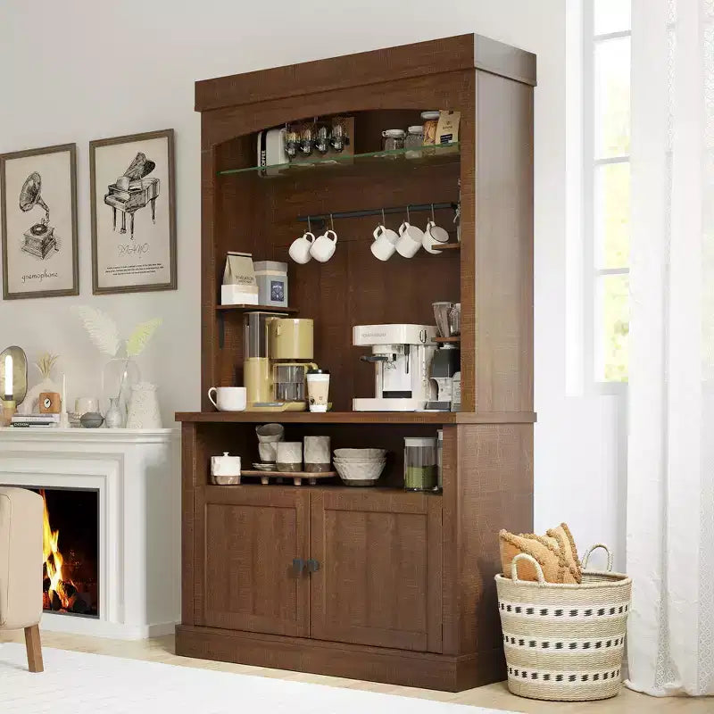 COZONY 72 Mobile Caffè con Credenza, Mobile Buffet in Stile Rustico con Supporto per Microonde, Portabottiglie e Ripiani di Stoccaggio