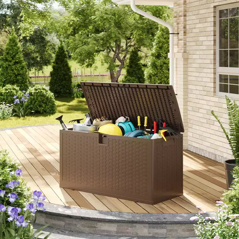 Grande Baule Contenitore da Esterno Impermeabile in Resina 80-120 Galloni Organizer con Serratura per Cuscini da Giardino, Utensili, Attrezzatura da Piscina Effetto Rattan Marrone o Nero