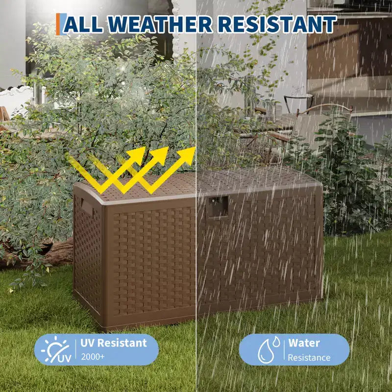 Grande Baule Contenitore da Esterno Impermeabile in Resina 80-120 Galloni Organizer con Serratura per Cuscini da Giardino, Utensili, Attrezzatura da Piscina Effetto Rattan Marrone o Nero