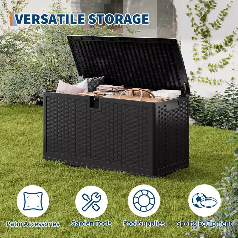 Grande Baule Contenitore da Esterno Impermeabile in Resina 80-120 Galloni Organizer con Serratura per Cuscini da Giardino, Utensili, Attrezzatura da Piscina Effetto Rattan Marrone o Nero