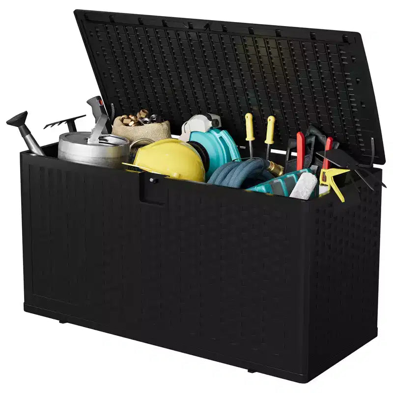 Grande Baule Contenitore da Esterno Impermeabile in Resina 80-120 Galloni Organizer con Serratura per Cuscini da Giardino, Utensili, Attrezzatura da Piscina Effetto Rattan Marrone o Nero