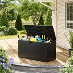 Grande Baule Contenitore da Esterno Impermeabile in Resina 80-120 Galloni Organizer con Serratura per Cuscini da Giardino, Utensili, Attrezzatura da Piscina Effetto Rattan Marrone o Nero