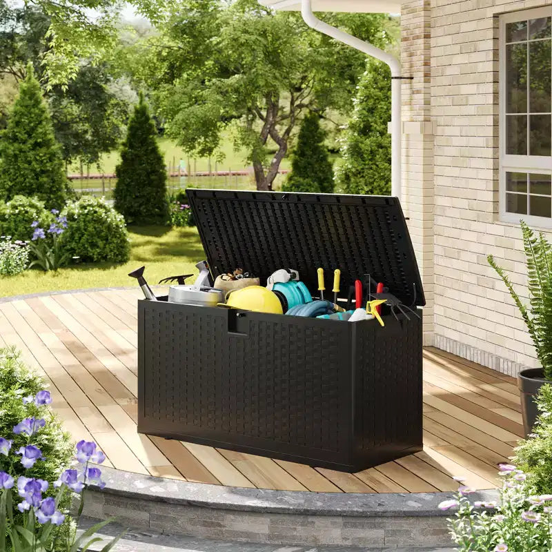 Grande Baule Contenitore da Esterno Impermeabile in Resina 80-120 Galloni Organizer con Serratura per Cuscini da Giardino, Utensili, Attrezzatura da Piscina Effetto Rattan Marrone o Nero